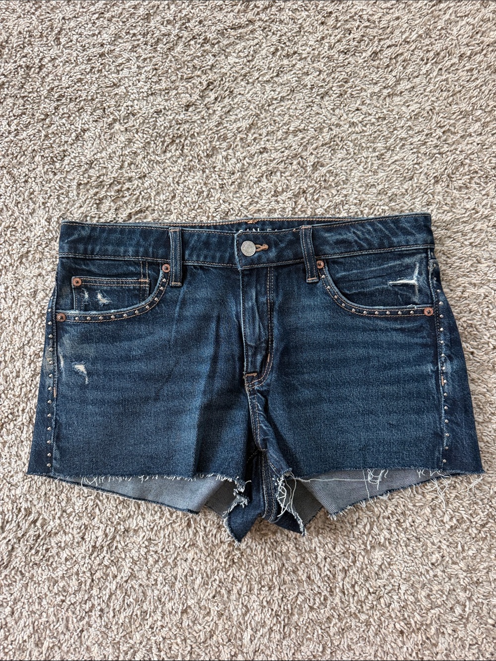 American Eagle Outfitters Dark Indigo Distressed Jean Shorts with Copper Studs